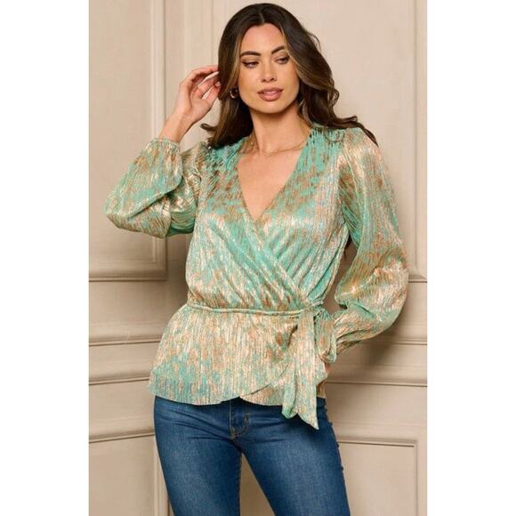 G.P.D. Good People Design NEW Wrap Style Turquoise Gold Metallic Blouse Size Sm - Picture 13 of 13